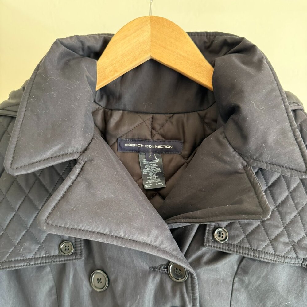 French Connection Black Coat Quilted Details Hood & Belt 4